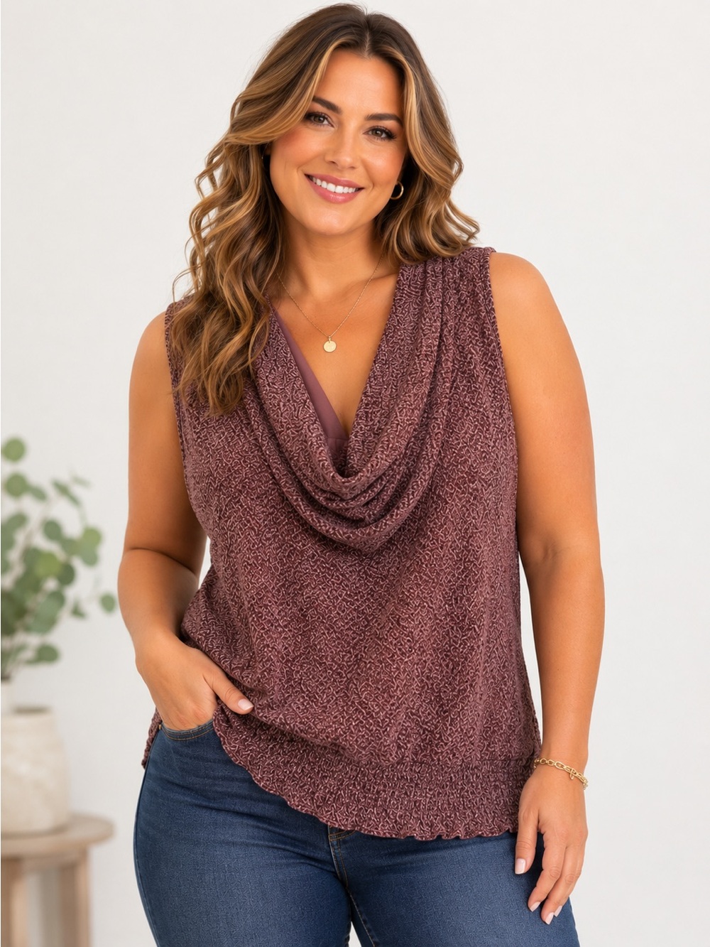 Michael Michael Kors XL Mauve Sleeveless Cowl Neck Smocked Hem Blouse Top
